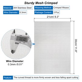 sourcing map 3pcs 30 Mesh Hardware Cloth, 8.3x11.8 Wire Mesh 304 Stainless Steel Rust-proof Fine Wire Mesh Screen for DIY Projects, Vent, Cage, Garden, Window Screen, Filter Mesh