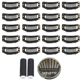 30pcs 9 Teeth Stainless Steel Snap Comb Wig Clips, Hair Extension Clips, Wig Accessories Clip with 30 Assorted Sewing Needles and 2 Rolls Thread (Black)