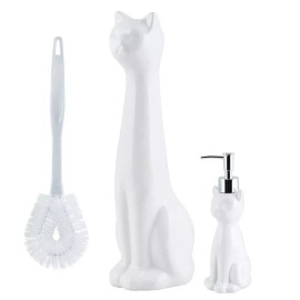 Allure Home Creation 3-Piece Ceramic White Cat Toilet Brush Holder w/Plastic Brush & Soap Dispenser - White, Ceramic