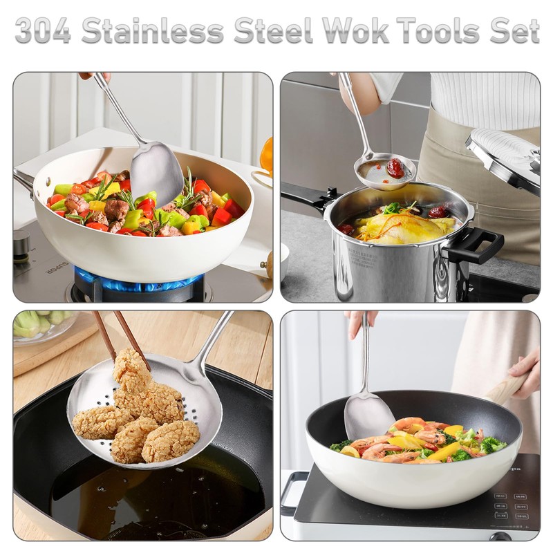 FJNATINH 6-Pieces 304 Stainless Steel Wok Spatula Set,Cooking Utensil Set,Soup