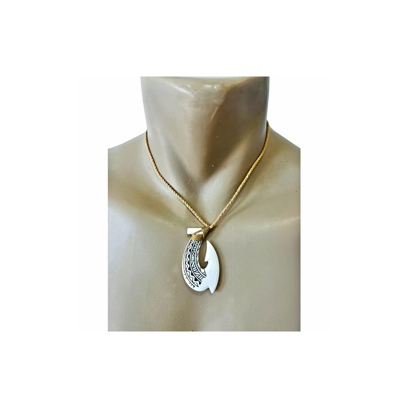 Hawaiian Hand Carved Tattooed Bone Fish Hook Necklace w/Khaki Cord.