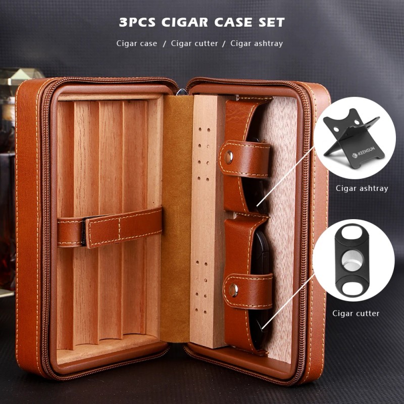 KEENSUN Cedar Wood PU Leather Cigar Travel Humidor Case Set