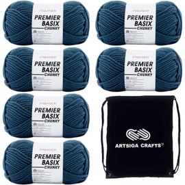 Premier Yarns Basix Chunky Heritage Blue 1145-33 (6-Skeins - Same Dye Lot) Chunky Bulky #5 Acrylic Yarn for Crocheting and Knitting - Bundle with 1 Artsiga Crafts Project Bag