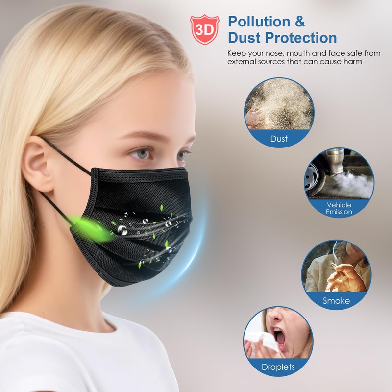 1000 pcs Black Disposable Masks, 3 Ply Breathable Face Masks