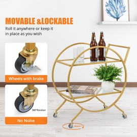 Bar Cart, 2 Tier Mobile Mini Bar, Kitchen Serving Cart and Coffee Station with Storage for Liquor, Metal and Mirror, Use for Home Kitchen Club Living Room, 27"x14"x28"