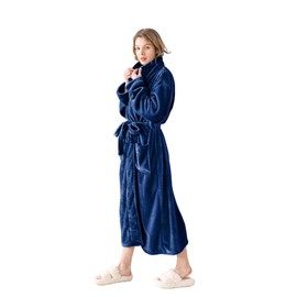 KORBLISS Soft Shawl Collar Bathrobe for Women, Silky Soft Lightweight Plush Long Robe Warm and Comfy to Wear, Elegant and Luxurious Lady Loungewear with Sash and Pockets，Navy Blue, M