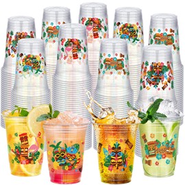Kochorie 120 Pcs Tiki Party Cups 16oz Hawaiian Luau Drinking Cups Tiki Themed Luau Disposable Plastic Cups Tropical Hibiscus Wine Glasses Flamingo Cups for Hawaiian Luau Tropical Beach Party Pineapple