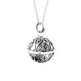16mm Filigree Heart Relax Sound Harmony Ball Sterling Silver Pendant Necklace LS78 (24, 1.3mm Rolo Chain)