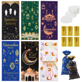 150 Pcs Eid Mubarak Goodie Bags, Muslim Castle Moon Candy Bags, Ramadan Cellophane Treat Bags Gift Bags with Twist Ties and Gift Tags for Muslim Eid Iftar Diwali Party Supplies