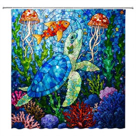 ZKJSMGS Turtle Shower Curtain,Stained Glass Blue Nautical Sea Animal Ocean Jellyfish Coral Bathroom Home Curtain Decor with Hooks,70x70 Inch