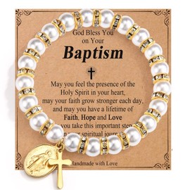 OAVOOK Baptism Gifts for Girl Pearl Cross Bracelet Catholic Virgin Mary Christian Gifts for Teen Girls Religious Jewelry