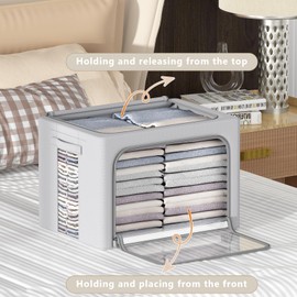 4 Pack Clothes Storage Bins - Oxford Fabric Metal Frame Storage Box - Foldable Stackable Container Organizer Set with Clear Window & Carry Handles & Zippers (Grey, 15.7"x11.8"x7.8")