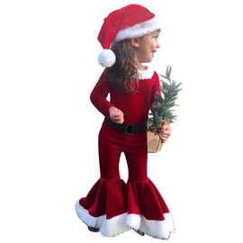Hipea Merry Christmas Outfit Toddler Baby Girls Santa Claus Long Sleeve Bell Bottom Pant Christmas Hat Clothes Set