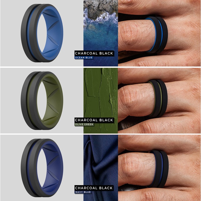 ThunderFit Anillos de boda de silicona para hombre, línea media
