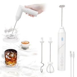 Milk Frother Handheld with Charging Base & 3 Heads - USB-C Rechargeable Electric Whisk for Coffee and Drinks handheld milk Christmas gift