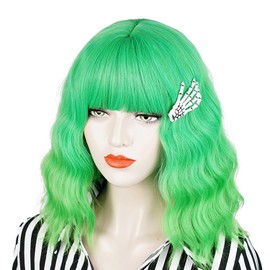 Short Wavy Shoulder Length Women Full Bang Heat Resistant Bud Green Realistic Synthetic Wig with Hair Pin (Bud)