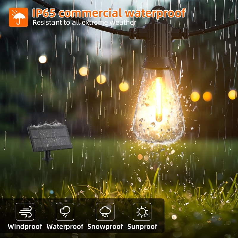 Kawaya Solar-Powered String Lights Outdoor, 100 FT LED USB-Charging Patio