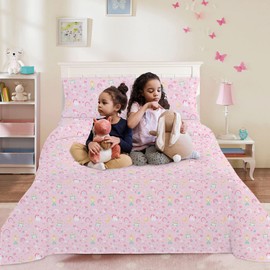 Viviland Kids Twin Sheet Set - Girls Blush Pink Twin Sheet Set - Kids Toddlers Twin Microfiber Fitted Sheets - Girls Sheet Unicorn Princess Rainbow Printed