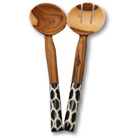Olive Wood & Batiked Bone Salad Server Set (African Free Trade) Giraffe