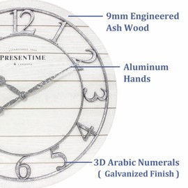 Presentime & Co Classic Farmhouse Shiplap Clock, 19.5 inch, Galvanized Finish Arabic Numerals with White Shiplap Style. Large Farmhouse Decor for Living Room, Entryway, Home Office. Wall Décor