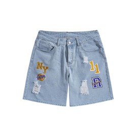 BEAUDRM Men's Vintage Graphic Jean Shorts Ripped Baggy Denim Shorts Jorts with Pockets Light Wash Small