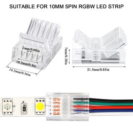 10 Packs 5 Pin RGBW LED Strip Connector Kit 10 mm Solderless LED Strip Light Connector Waterproof, Transparent Track Lighting Connectors, Include 16.4 Feet Light Strip Extension Cable with Screwdriver