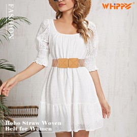 WHIPPY Straw Woven Elastic Belt for Women Fashion Boho Raffia Ladies Belt Braided Wide Stretch Waistband for Dress, Multicolour, L