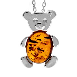SilverAmber Jewellery - 925 Sterling Silver & Genuine Cognac Baltic Amber Teddy Bear Pendant - 698