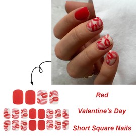 OHWODA Red Valentine’s Press on Nails Short Square Fake Nails, Romantic Lip Press on Nails Acrylic Valentine’s False Nails Cute Valentine’s Glue on Nails Reusable Stick on Nails for Women 24Pcs