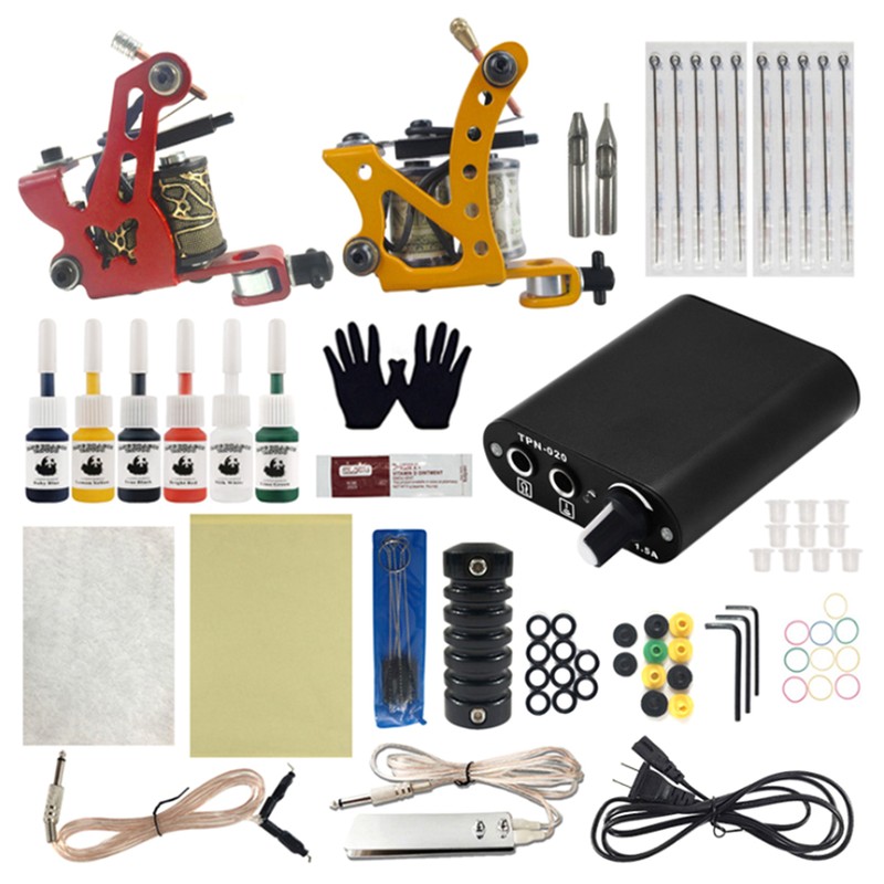 Complete Tattoos Beginner Kit with Tattoos Machines Power Source Foot