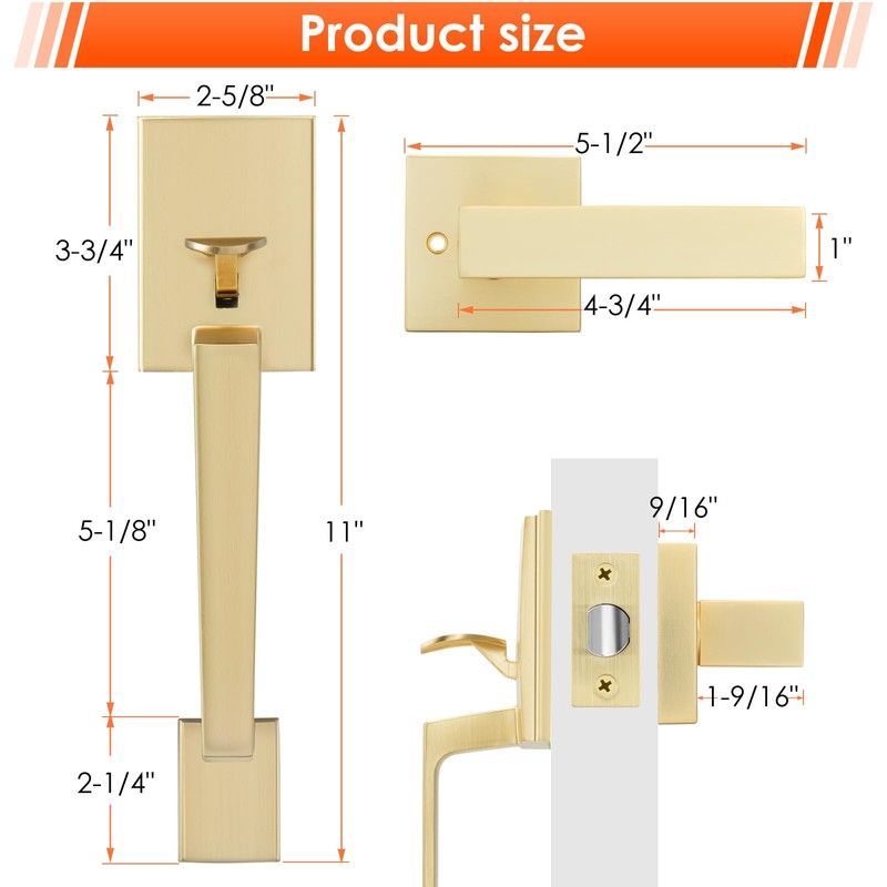 Haidms Gold Front Door Handle, Single Cylinder Exterior Door Entry