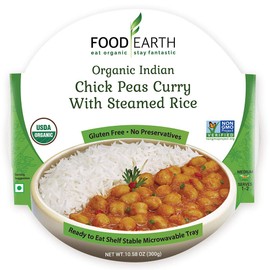 Food Earth Organic Indian Chick Pea Curry with Steamed Rice - Ready to Eat Meals - Indian Food - Organic Microwaveable Meals - Pre Prepared Meals - (6 PACK)