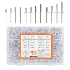 Pack of 285 Aluminium Blind Rivets Set, M3 M4 M5 Pop Rivets Set, Aluminium Blind Rivets Assortment, Pop Rivets with Open End, Pop Rivets for Metal Wood Plastic (Silver)