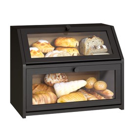 Farmhouse Bread Box for Kitchen Countertop Bread box Double Layer Bamboo Wooden Extra Large Capacity Bin Kitchen Food Storage Container(Black)
