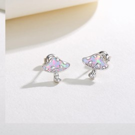 Mushroom Earrings 925 Sterling Silver Pink Opal Mushroom Stud Earring Jewelry Gifts for Women Birthday