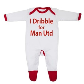 'I Dribble For Man Utd' Baby Boy Girl Sleepsuit 100% Fine Combed Cotton (3-6 Months, White/Red Trim)