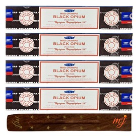 Original Satya Nag Champa Black Opium Incense Sticks | with M&J incense sticks holder | x4 pack | for Aromatherapy, Spa, Yoga, Weddings, Meditation, Healing, Positivity and Relaxation