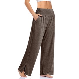 UEU Womens Wide Leg Yoga Pants High Waist for Women Casual Pajamas Lounge Sweatpants with Pockets- 28" Inseam (Heather Coffee, L)