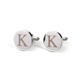 Mens Initial Silver Cufflinks A-Z Alphabet Letter Steel Cuff Links with Engraved Walnut Wood Box Groom Groomsman Wedding Set (K)
