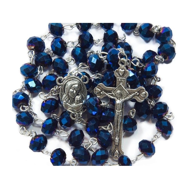 Deep Blue Crystal Beads Rosary Catholic Necklace Holy Soil Medal