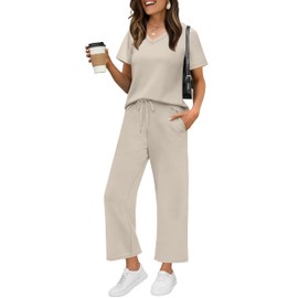 WIHOLL Lounge Sets For Women 2 Piece Summer Spring Cruise Vacation Business Casual Outfits 2025 Matching Athleisure Sets Wide Leg Pants Beige M