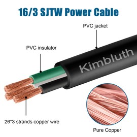 Kimbluth 16 Gauge 3 Conductor Wire SJTW Outdoor Extension Power Cable 50FT, 16/3 Wire Heavy Duty Pure Copper Electrical Wire for Lawn, Battery, Automotive, Outdoors