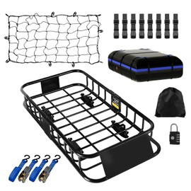 FORWODE 43 x 23 x 6 Inch Universal Roof Rack Carrier Basket, Rooftop Cargo Carrier Basket with 250 lbs Capacity, Heavy Duty Top Luggage Basket w/Net & Waterproof Cargo Bag for Car, SUV or Truck