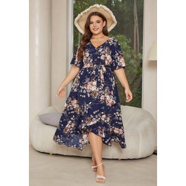 Keluummi Plus Size Summer Wedding Guest Maxi Dress for Curvy Women, V Neck 3/4 Sleeve Empire Waist A Line Floral Long Dress (24 Plus, 03 - Navy Blue Floral)
