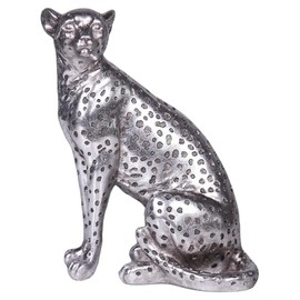 Cheetah Statue Home Decor Leopard Sculpture Resin Sitting Cheetah Figurine Desktop Table Top Ornament Decoration for Home Office Silver