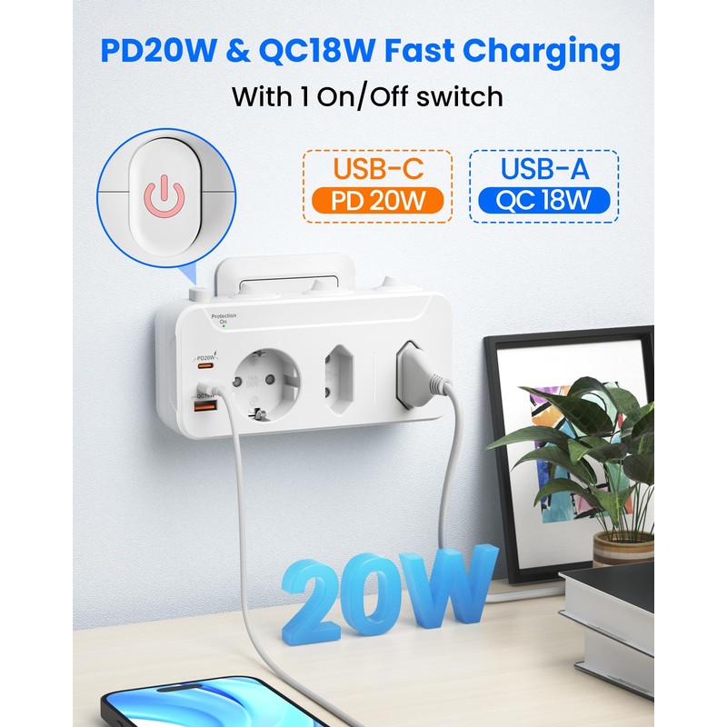 Double Plug for Sockets, USB C Sockets with Switch, Plug