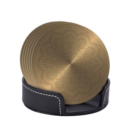 BOXIMIAO Drink Coasters with Holder Stand Set of 6, Mandala Rosette Engraving Pu Leather Absorbent Coasters with Cork Base Table Round Coaster for Housewarming Apartment Kitchen Bar Decor