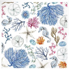 Set of 2 Individual Decoupage Paper Party Napkins Marine Seaweed Starfish Sand Dollar Ocean Sea Star Coral Urchin Watercolor Decor Luncheon Napkins for a Birthday Holiday, Wedding, Cocktail Party