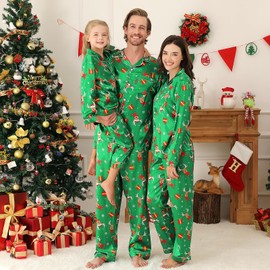 Weixinbuy Family Christmas Pajamas Matching Sets Long Sleeve Sleepwear Button Down Satin Pjs Set Festival Party Loungewear Green