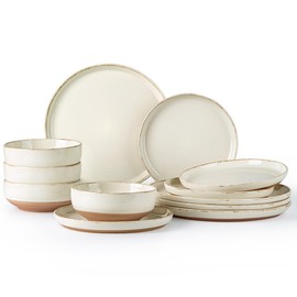 AmorArc Ceramic Dinnerware Sets for 4, 12 Pieces Handpainted Plates and Bowls Set with Rustic Terracotta Underside, Scratch Resistant Stoneware Dishes Set, Dishwasher & Microwave Safe, Beige